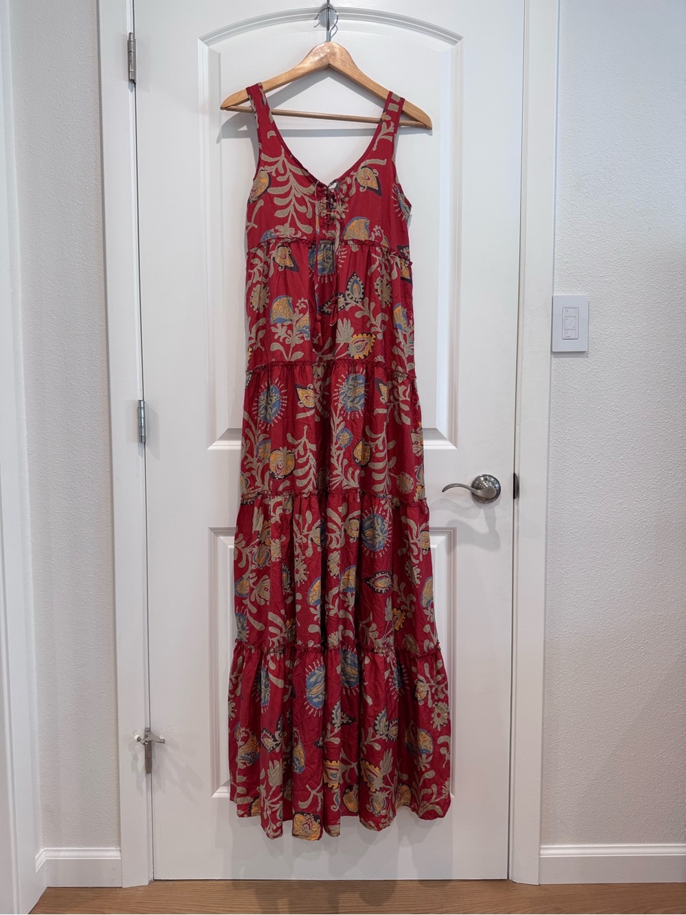 Calypso St. Barth 100% Silk Red Floral Tiered Maxi Dress front ties sleeveless